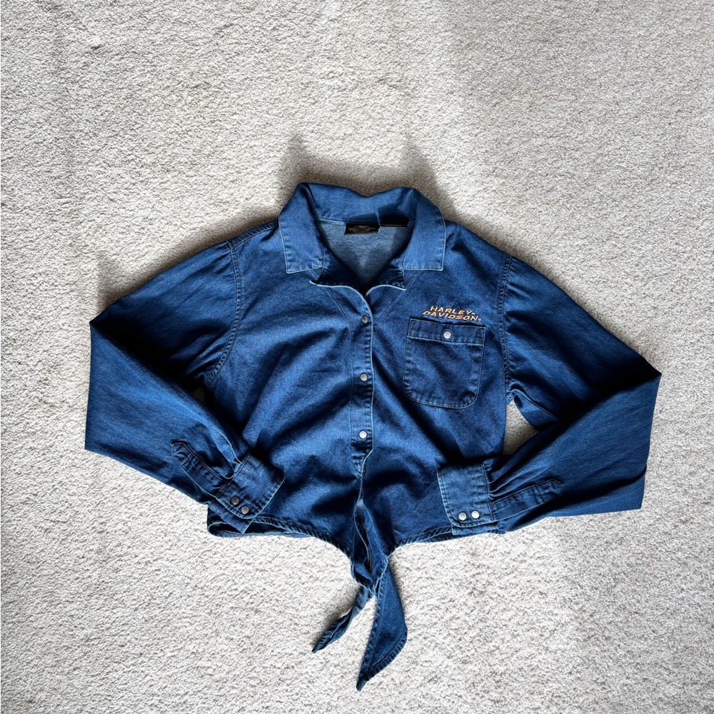 Women’s Vintage Harley Davidson Denim Cropped Button Up Top